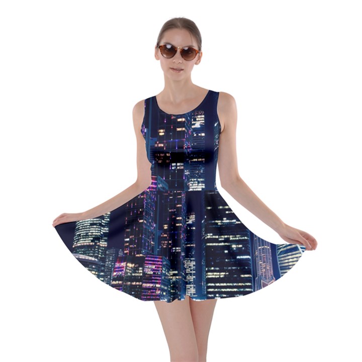 Black Building Lighted Under Clear Sky Skater Dress