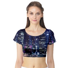 Black Building Lighted Under Clear Sky Short Sleeve Crop Top by Modalart