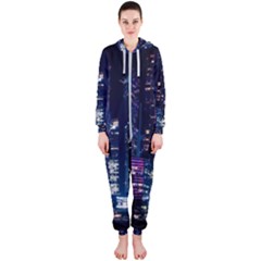 Black Building Lighted Under Clear Sky Hooded Jumpsuit (ladies) by Modalart