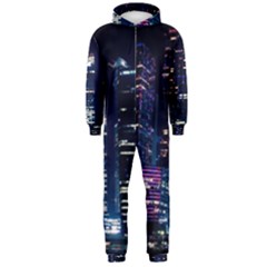 Black Building Lighted Under Clear Sky Hooded Jumpsuit (men) by Modalart