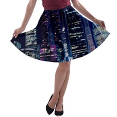 Black Building Lighted Under Clear Sky A-line Skater Skirt by Modalart