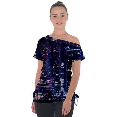 Black Building Lighted Under Clear Sky Off Shoulder Tie-up T-shirt by Modalart