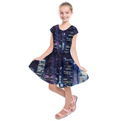 Black Building Lighted Under Clear Sky Kids  Short Sleeve Dress by Modalart