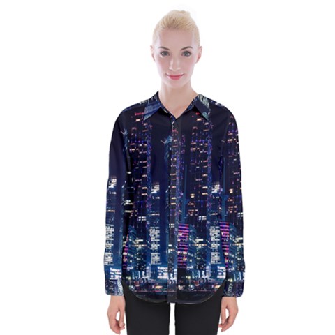 Black Building Lighted Under Clear Sky Womens Long Sleeve Shirt by Modalart