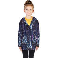 Black Building Lighted Under Clear Sky Kids  Double Breasted Button Coat by Modalart