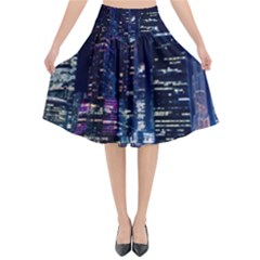 Black Building Lighted Under Clear Sky Flared Midi Skirt by Modalart