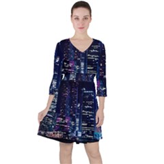 Black Building Lighted Under Clear Sky Quarter Sleeve Ruffle Waist Dress by Modalart