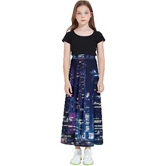 Black Building Lighted Under Clear Sky Kids  Flared Maxi Skirt by Modalart