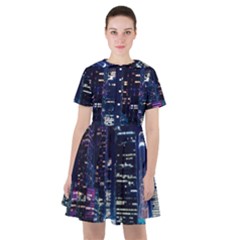 Black Building Lighted Under Clear Sky Sailor Dress by Modalart