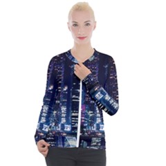 Black Building Lighted Under Clear Sky Casual Zip Up Jacket by Modalart