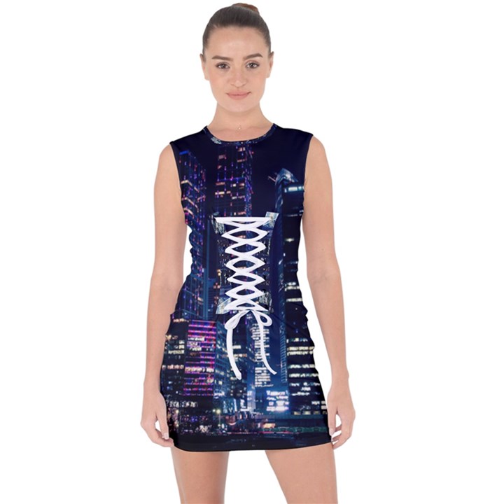 Black Building Lighted Under Clear Sky Lace Up Front Bodycon Dress