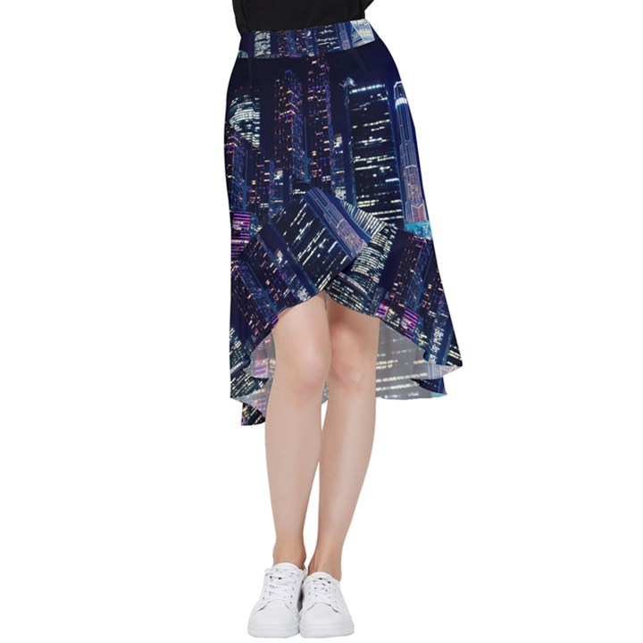 Black Building Lighted Under Clear Sky Frill Hi Low Chiffon Skirt