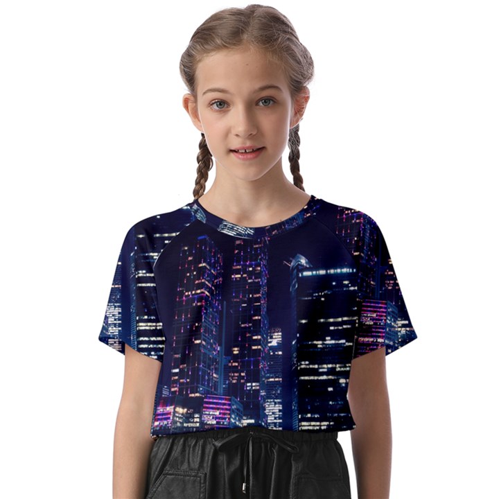 Black Building Lighted Under Clear Sky Kids  Basic T-Shirt