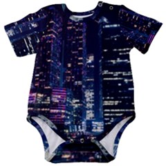 Black Building Lighted Under Clear Sky Baby Short Sleeve Bodysuit by Modalart