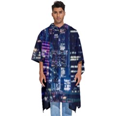 Black Building Lighted Under Clear Sky Men s Hooded Rain Ponchos by Modalart