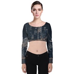 Time Lapse Photo Of City Velvet Long Sleeve Crop Top by Modalart