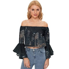 Time Lapse Photo Of City Off Shoulder Flutter Bell Sleeve Top by Modalart