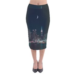 Skyline Photography Of Buildings Velvet Midi Pencil Skirt by Modalart