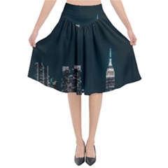 Skyline Photography Of Buildings Flared Midi Skirt by Modalart