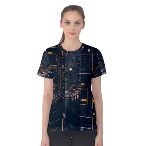 Photo Of Buildings During Nighttime Women s Cotton T-shirt by Modalart