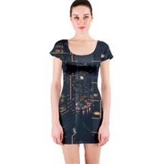 Photo Of Buildings During Nighttime Short Sleeve Bodycon Dress by Modalart