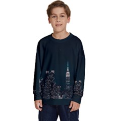 Skyline Photography Of Buildings Kids  Crewneck Sweatshirt by Modalart