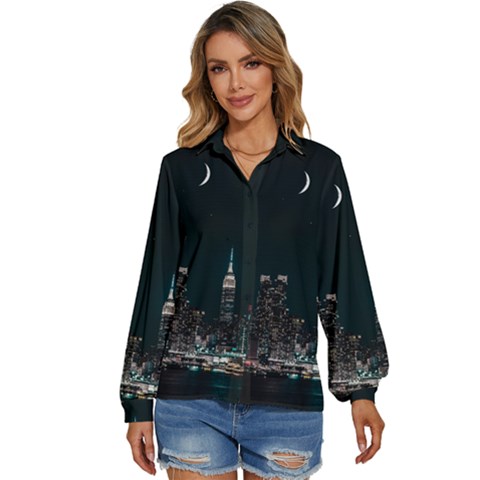 Skyline Photography Of Buildings Women s Long Sleeve Button Up Shirt by Modalart