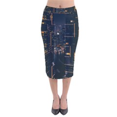 Photo Of Buildings During Nighttime Velvet Midi Pencil Skirt by Modalart