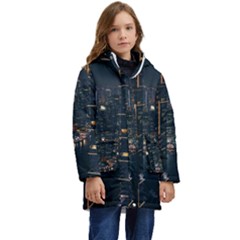 Photo Of Buildings During Nighttime Kids  Hooded Longline Puffer Jacket by Modalart