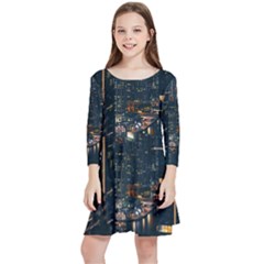 Photo Of Buildings During Nighttime Kids  Quarter Sleeve Skater Dress by Modalart