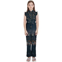 Photo Of Buildings During Nighttime Kids  Sleeveless Ruffle Edge Band Collar Chiffon One Piece by Modalart