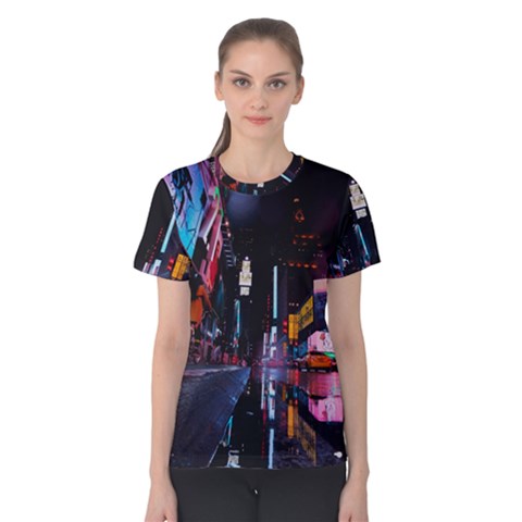 Roadway Surrounded Building During Nighttime Women s Cotton T-shirt by Modalart