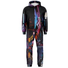 Roadway Surrounded Building During Nighttime Hooded Jumpsuit (men) by Modalart