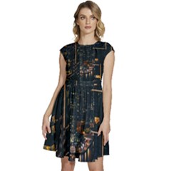 Photo Of Buildings During Nighttime Cap Sleeve High Waist Dress by Modalart