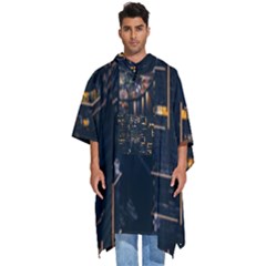 Photo Of Buildings During Nighttime Men s Hooded Rain Ponchos by Modalart