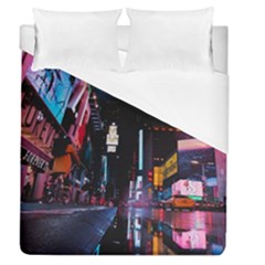 Roadway Surrounded Building During Nighttime Duvet Cover (queen Size) by Modalart