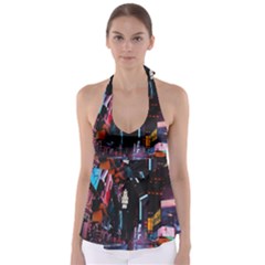 Roadway Surrounded Building During Nighttime Tie Back Tankini Top by Modalart