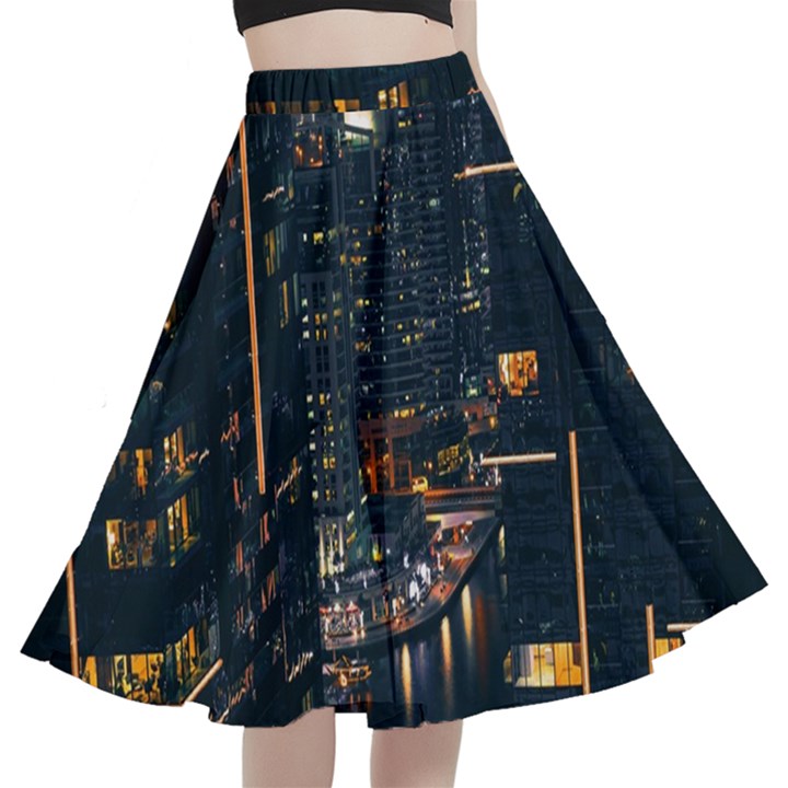 Photo Of Buildings During Nighttime A-Line Full Circle Midi Skirt With Pocket