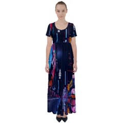 Roadway Surrounded Building During Nighttime High Waist Short Sleeve Maxi Dress by Modalart