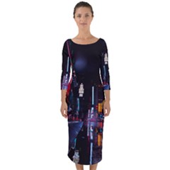 Roadway Surrounded Building During Nighttime Quarter Sleeve Midi Bodycon Dress by Modalart