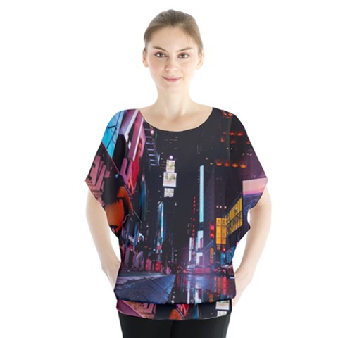 Roadway Surrounded Building During Nighttime Batwing Chiffon Blouse by Modalart