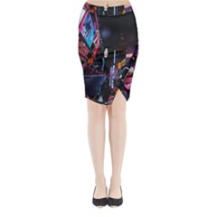 Roadway Surrounded Building During Nighttime Midi Wrap Pencil Skirt by Modalart