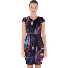 Roadway Surrounded Building During Nighttime Capsleeve Drawstring Dress  by Modalart