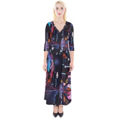 Roadway Surrounded Building During Nighttime Quarter Sleeve Wrap Maxi Dress by Modalart