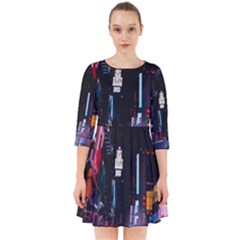 Roadway Surrounded Building During Nighttime Smock Dress by Modalart