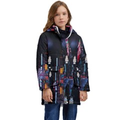 Roadway Surrounded Building During Nighttime Kids  Hooded Longline Puffer Jacket by Modalart