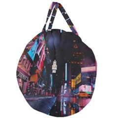 Roadway Surrounded Building During Nighttime Giant Round Zipper Tote by Modalart