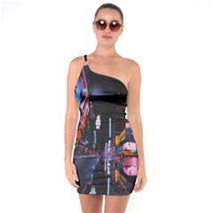 Roadway Surrounded Building During Nighttime One Shoulder Ring Trim Bodycon Dress by Modalart