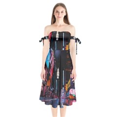 Roadway Surrounded Building During Nighttime Shoulder Tie Bardot Midi Dress by Modalart