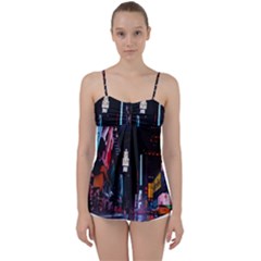 Roadway Surrounded Building During Nighttime Babydoll Tankini Top by Modalart